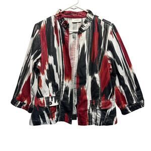 Chico's Ikat Print Linen‎ Blend Ruffle Collar Jacket Red Black White Size 1 (M)